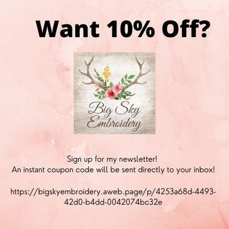 A promotional graphic on a pink watercolor background reads Want 10% Off and includes a logo for Big Sky Embroidery above newsletter sign-up text.