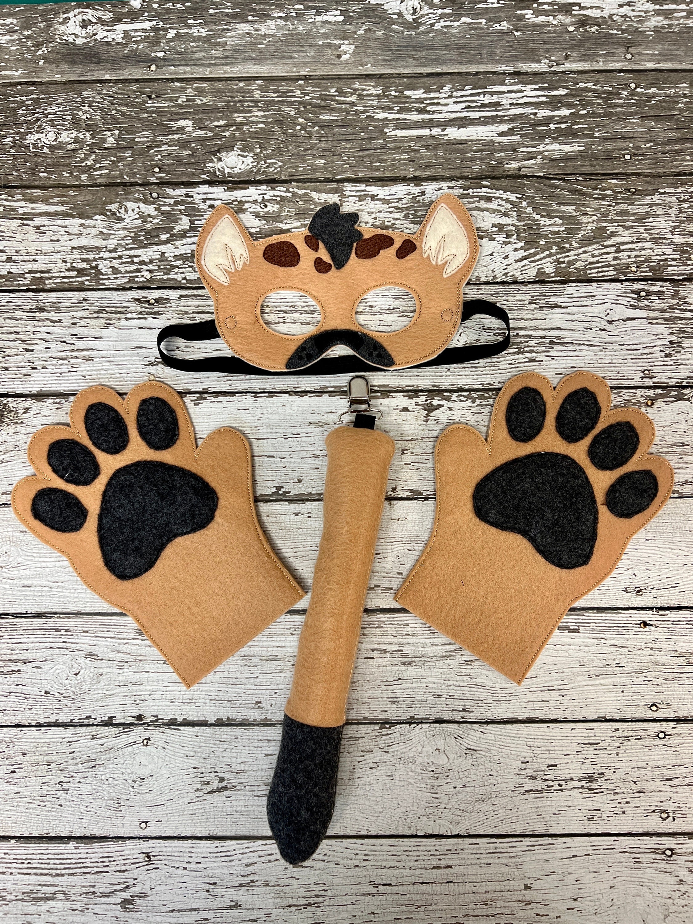 Embroidered Felt Hyena Costume Set - Mask, Mitts, and Tail - Spotted Hyena Dress-Up Play Kit for Halloween, Parties, Plays
