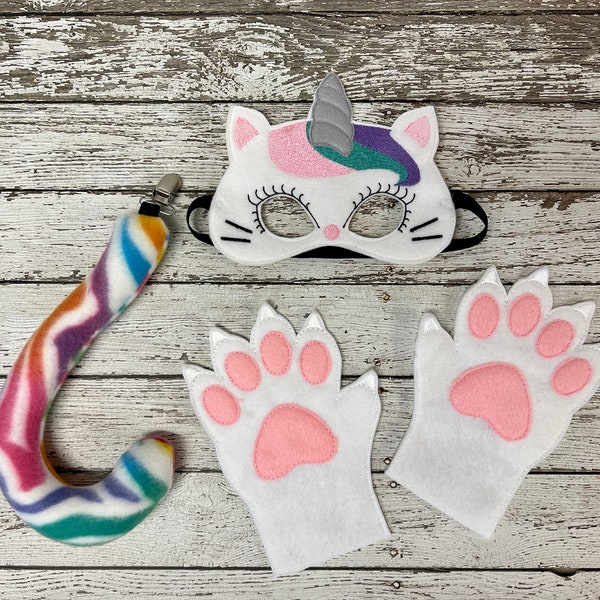 Unicorn Cat Costume - Adorable Halloween Outfit with Handmade Unicorn Cat Mask, Cat Mitts, and Cat Tail