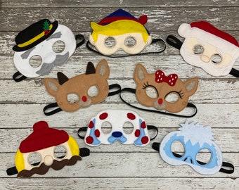 Máscaras de Natal de feltro bordadas: rena, papai noel, boneco de neve, elfo