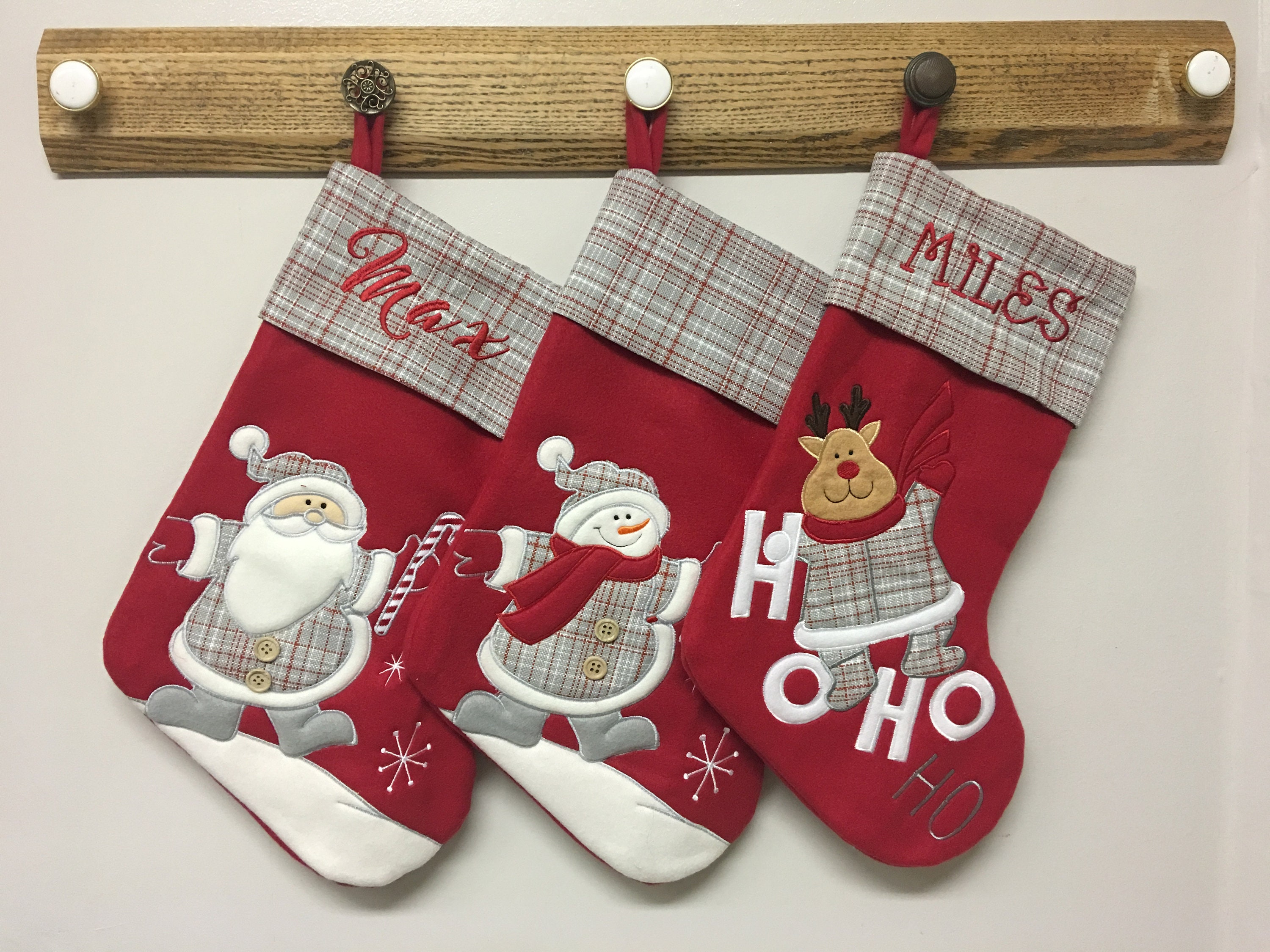 50 % OFF Personalized Christmas Stocking Plaid with Santa, Snowman and Reindeer Stockings