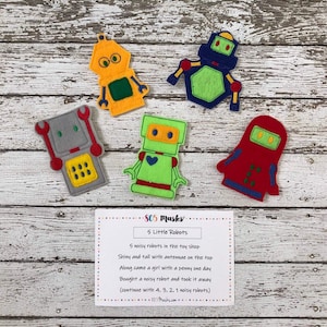 Robot finger puppet 5 Little Robots Robot Party Robot Birthday Party Favor 5 Little Robots Poem Robot Finger Play Preschool story time aide