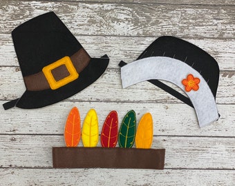 Thanksgiving Dress-Up Headband: Embroidered Felt Pilgrim Hat & Indian Feather
