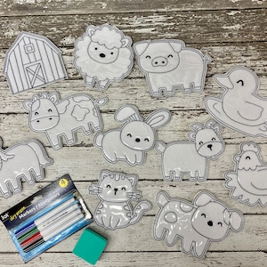 Páginas para colorear reutilizables de animales de granja, libro de actividades para niños, libro tranquilo de animales de granja, libro para colorear de borrado en seco, regalo para fiesta de cumpleaños