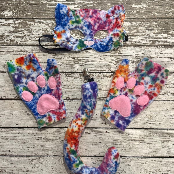 Rainbow Children's Cat Costume pieces - Mask, Mitts, and Tail | Eco-Friendly Handmade Halloween Outfit