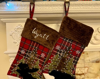 Personalized Embroidered Christmas Stocking Custom Name Christmas Stocking Monogram Moose Stocking Plaid Moose Stockings Woodland Stockings