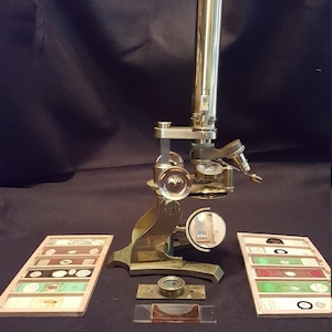 Antique Victorian Brass Microscope with Accessories and Slides