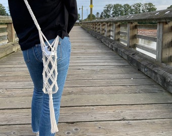 macrame water bottle bag | coffee mug holder | shoulder bag | sling bag | crossbody drink tote | wine carrier | handmade gift | boho style