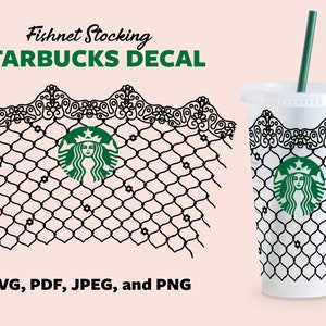 May include: A black and white fishnet stocking design Starbucks decal. The decal features a black fishnet pattern with a white lace trim. The Starbucks logo is visible in the center of the design. The decal is shown on a white Starbucks cup.