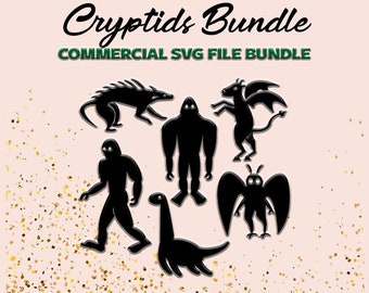 May include: A set of black silhouette SVG files featuring various cryptids, including a chupacabra, Bigfoot, a mothman, a Jersey Devil, and a plesiosaur. The text "Cryptids Bundle" and "COMMERCIAL SVG FILE BUNDLE" is displayed above the images.