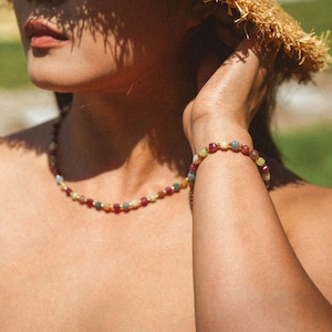 Handmade Multi Tourmaline Necklace: 18K Gold Healing Gemstone Jewelry