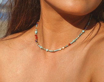Colorful Beaded Necklace,Natural Stone,Bead Boho Clavicle, Dainty Minimal Jewelry,Chain Bridesmaid Best Friend Her Gift