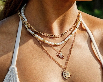 Sun & Moon Layered Pearl Necklace Set | Boho Gold Choker · Celestial Jewelry Gift