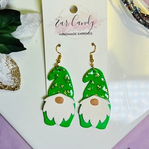 Handmade Polymer Clay St. Patrick&#39;s Day Gnome Earrings, Statement Dangles, Ear Wire, 3 Leaf Clover Hat