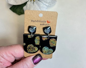 Handmade Polymer Clay Earrings, Statement Stud Dangles, Holographic Hearts