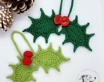 Holly crochet pattern, double leaf hanging Christmas decoration for home, US & UK terms, small festive berries Xmas bauble ornament