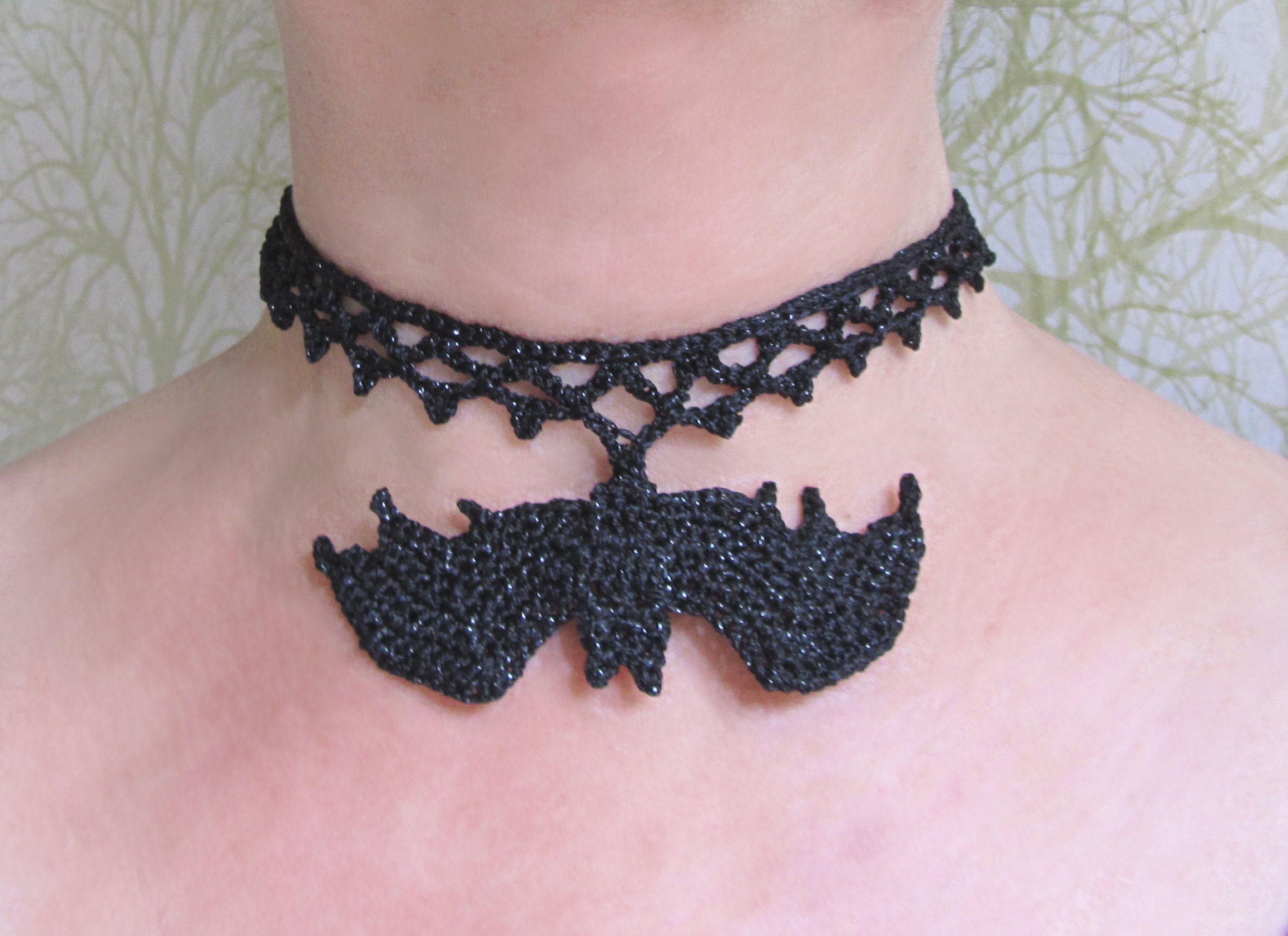 Gothic Choker With Chains, Crocheted Choker With Chains, Obsidian