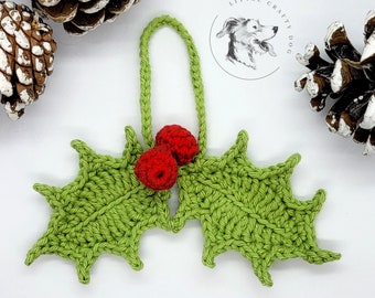 Holly crochet pattern, double leaf hanging Christmas decoration for home, US & UK terms, small festive berries Xmas bauble ornament