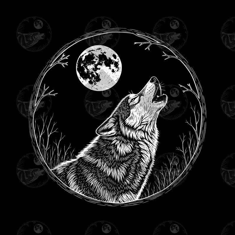 May include: A black and white illustration of a wolf howling at the moon. The wolf is inside a circular frame with tree branches and the full moon in the background. The background is black with a repeating pattern of the wolf and moon.