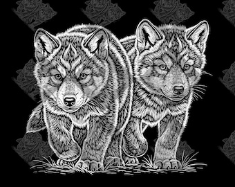 Wolf Pups Line Art PNG: Laser Engraving Design (Digital Download 480 DPI)