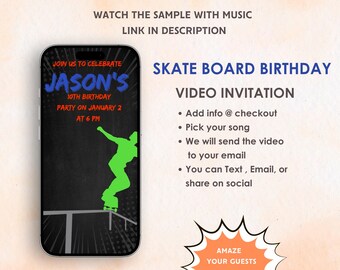 Invitación de cumpleaños de patineta - Invitación para fiesta de patineta - Patina y celebra - Invitación digital con temática de patineta