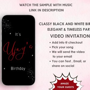 Faire-part d'anniversaire élégant en noir et blanc - Faire-part numérique moderne et minimaliste - Faire-part de fête élégant et intemporel pour adultes