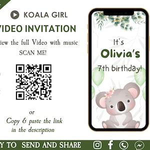 Koala Girl Birthday Invitation - Koala Birthday Party Invitation - Australian Koala Birthday Party Invite - Koala Theme Party Invite
