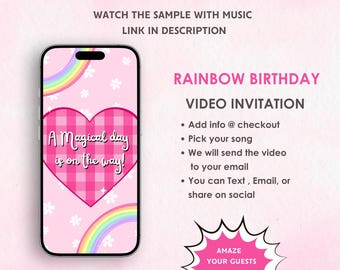 Rainbow Birthday Video Invitation - Rainbow Girl Birthday Party Invitation -  Rainbow Magical Theme Birthday Party Invite