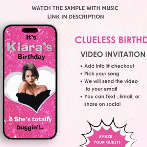 Clueless Birthday Video Invitation - Clueless Girls Birthday Party Digital Invitation -  Clueless Theme Birthday Party Invite