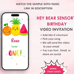 Hey Bear Sensory Birthday Video Invitation - Sweetest Bear Party Invitation - Hey Bear Sensory Theme Digital Party Invite
