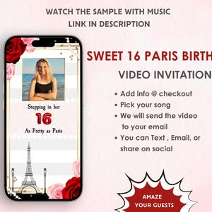 Sweet 16 Paris Birthday Video Invitation - Sweet Sixteen Birthday Party Invitation - Sweet 16 Paris Theme Birthday Party Invite