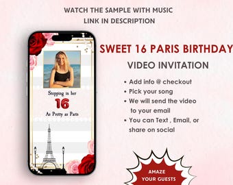 Sweet 16 Paris Geburtstags-Video-Einladung - Sweet Sixteen Geburtstagsfeier-Einladung - Sweet 16 Paris Thema Geburtstagsfeier einladen