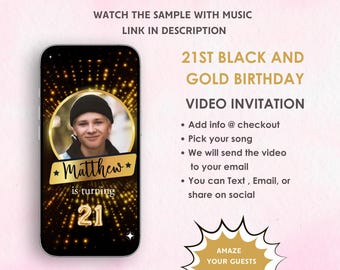 21st Black and Gold Birthday Video Invitation - Twenty-One Birthday Party Invitation -  Black and Gold Theme Party Digital Invite
