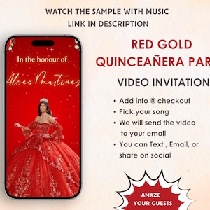 Invitation vidéo Quinceanera rouge et or - Invitation Quinceanera rouge et or - Mis Coing Anos - Invitation d&#39;anniversaire de Quinceanera 15 Ans