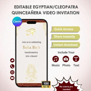 Egyptian/Cleopatra Quinceañera Invitation | Canva Template | Instant Download | Pastel Birthday eInvite