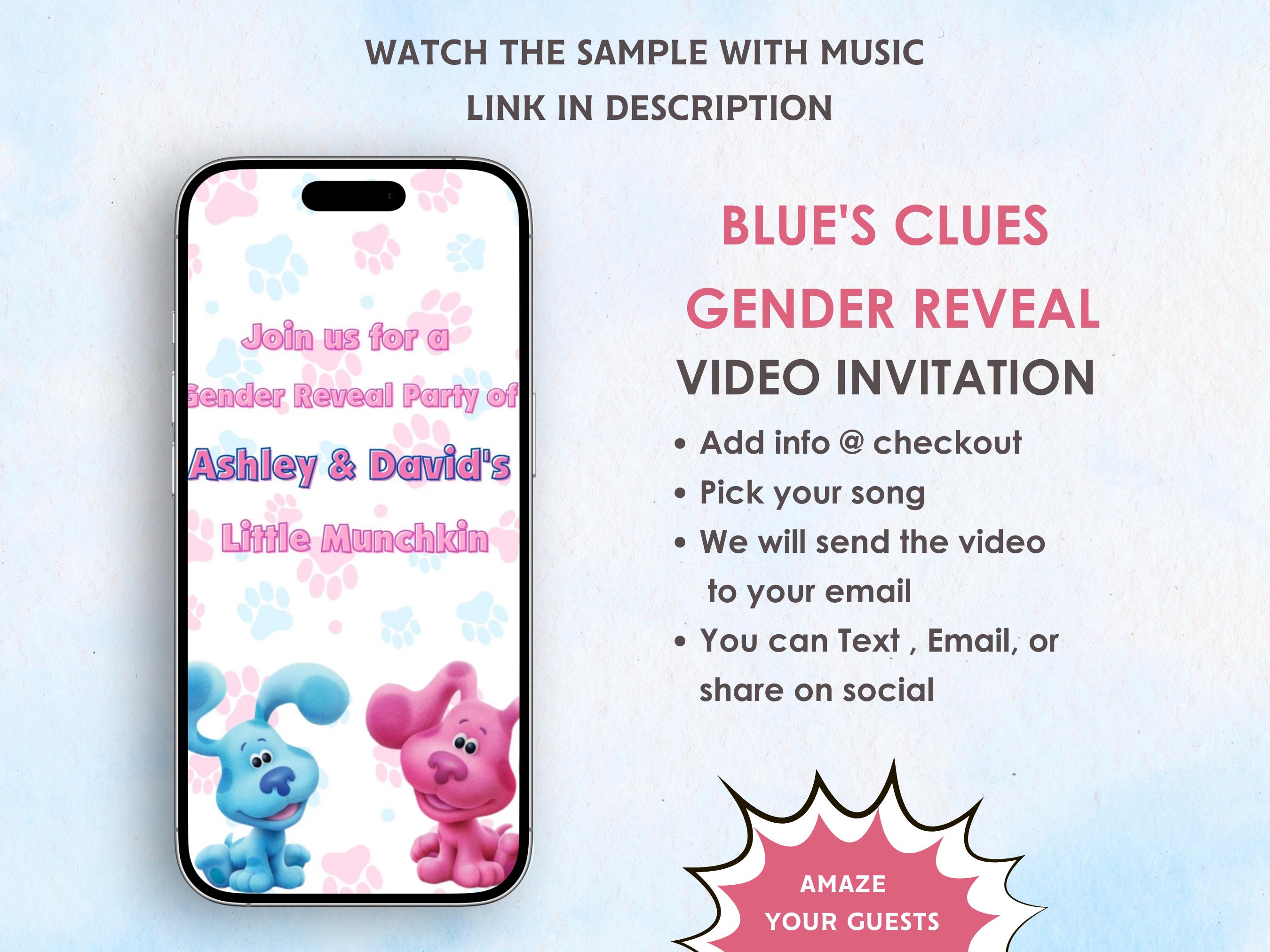 Blue's Clues Gender Reveal Video Invitation - Pink or Blue Gender Reveal Invitation - He or She Invitation - Blue's Clues Theme Party Invite