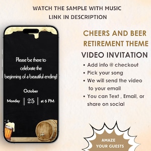 Cheers and Beer Retirement Party Video Invitation - Raise A Glass and Celebrate Invite - Retirement Theme Cheers and Beer Party Invite