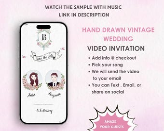 Puede incluir: Una invitación de video digital para una boda con la frase "Save the date". La invitación presenta una ilustración dibujada a mano de una pareja, un monograma y el texto "Save the date". La invitación también incluye la fecha de la boda, "8 de febrero".