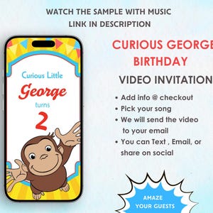 Curious George Invitation - Curious Little George Birthday Invite - Curious George Birthday Party Theme Invite