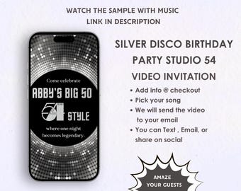Silver Disco Party Digital Video Invitation - 54 Style Theme Glitter Glam Invite - Studio 54 Inspired Birthday & Event Invite