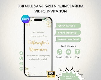 Sage Green Quinceañera Video Invitation – Elegant Green & Gold XV Invite – Classy Quince 15 Animated Evite – Editable Canva Template