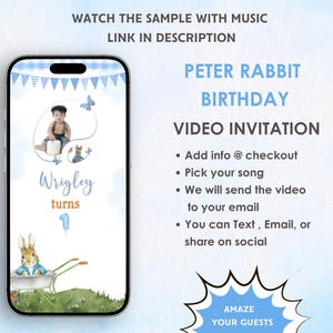 Invito video per il compleanno di Peter Rabbit Boy - Invito per il primo compleanno di Peter Rabbit Boy Blue Rustic - Invito per festa a tema Peter Rabbit