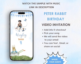 Peter Rabbit Boy Birthday Video Invitation - Boy Blue Rustic Peter Rabbit First Birthday Invitation - Peter Rabbit Theme Party Invite