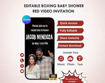Baby Shower de Boxeo "Little Champ" Versión Roja / Plantilla Canva / Descarga Instantánea / Invitación de Cumpleaños Pastel