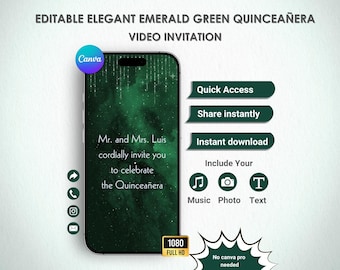 Convite elegante para festa de debutante em verde esmeralda | Modelo Canva | Download instantâneo | Convite eletrônico de aniversário em tons pastel