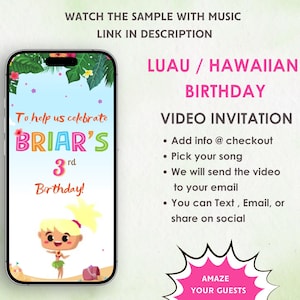 Luau / Hawaiian Birthday Video Invitation - Luau Aloha Celebrate Birthday Party Digital -  Luau / Hawaiian Theme Birthday Party Invite