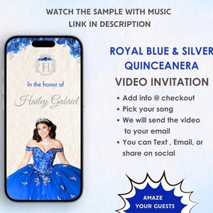 Invito video Quinceanera Royal Royal Blue & Silver - Invito digitale a tema Quinceanera - Mis Quince Anos - Invito di compleanno Quince 15 Anos