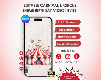 Invitación con temática de circo / Video invitación de cumpleaños de carnaval / Fiesta de cumpleaños de gran carpa Evite / Plantilla animada de Canva / Descarga instantánea