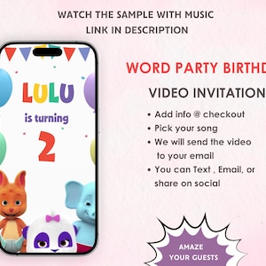 Invitación de video de cumpleaños de Word Party - Invitación infantil de Word Party - Invitación animada de video de Word Party - Invitación temática de Word Party