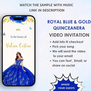 Invito video Quinceanera Royal Blue and Gold - Invito digitale a tema Quinceanera Royal Blue and Gold - Invito di compleanno Quince 15 Anos
